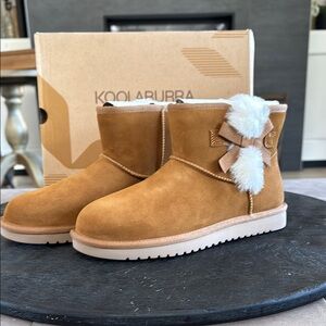 Koolaburra Tan Ankle Booties with White Bow